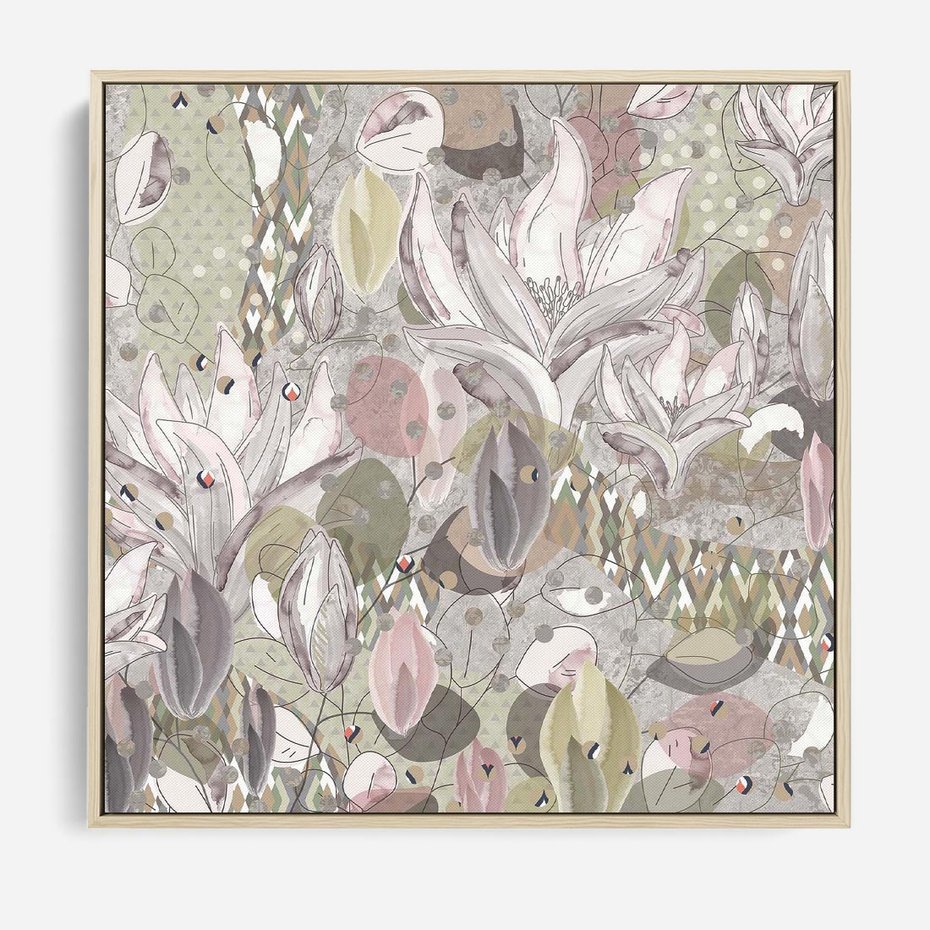 Obraz w ramie 50x50 - Pejzaże zatajonej duszy - połączenie tekstur, roślinne motywy - rama drewno