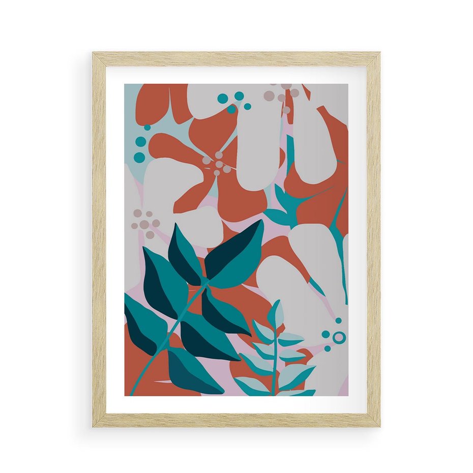 Plakat w ramie 50x70 - Harmonijne Formy - abstrakcyjna kompozycja kwiatowych form, kolor zgaszone - rama drewno