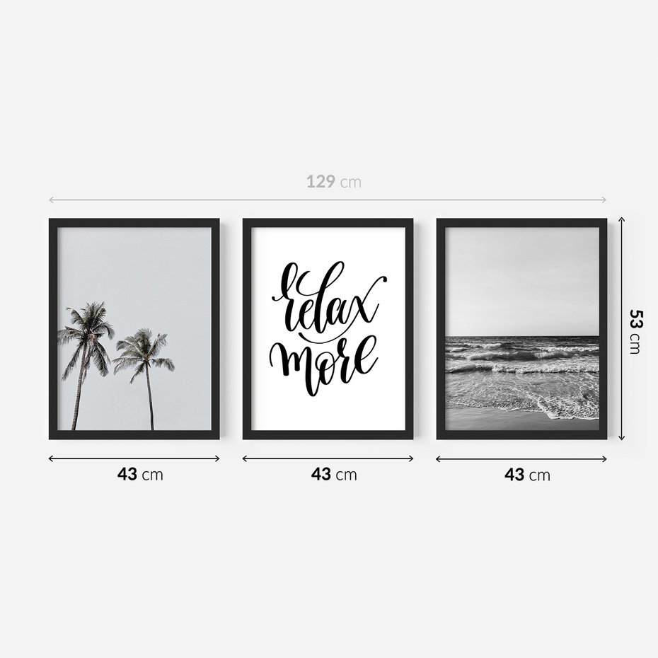 Zestaw obrazy w ramie 40x50 galeria - Plaża, palmy, relaks, typografia - rama czarna