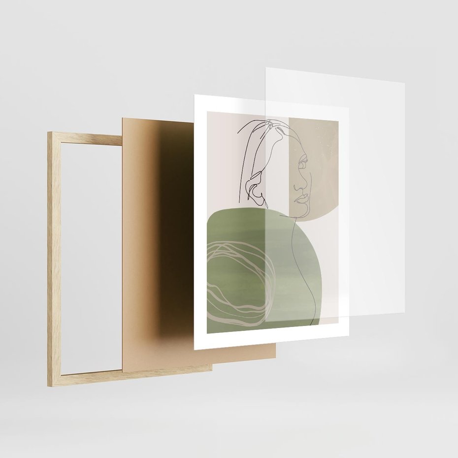 Plakat w ramie 40x50 - Jedna Linia, Wiele Emocji - akwarelowe plamy, na nich szkic postaci kobiety jedną linią - rama drewno