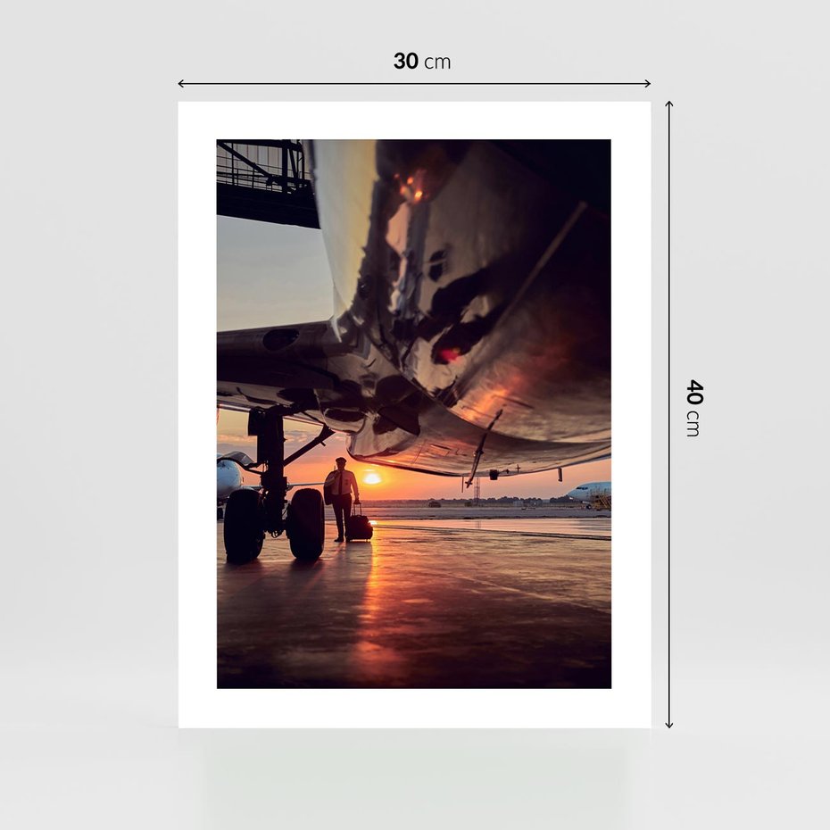 Plakat bez ramy 30x40 - Podróż ku Zachodzącemu Słońcu - samolot, scena na lotnisku