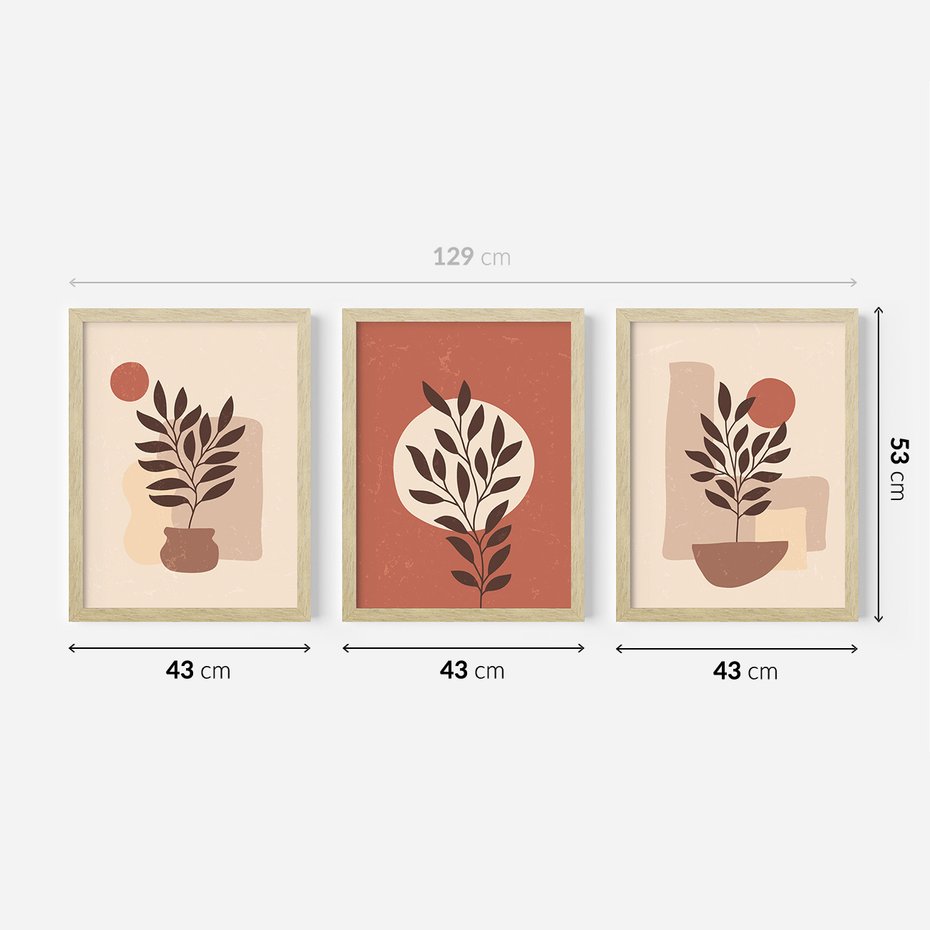 Zestaw obrazy w ramie 40x50 galeria - Boho, rośliny, liście - rama drewno