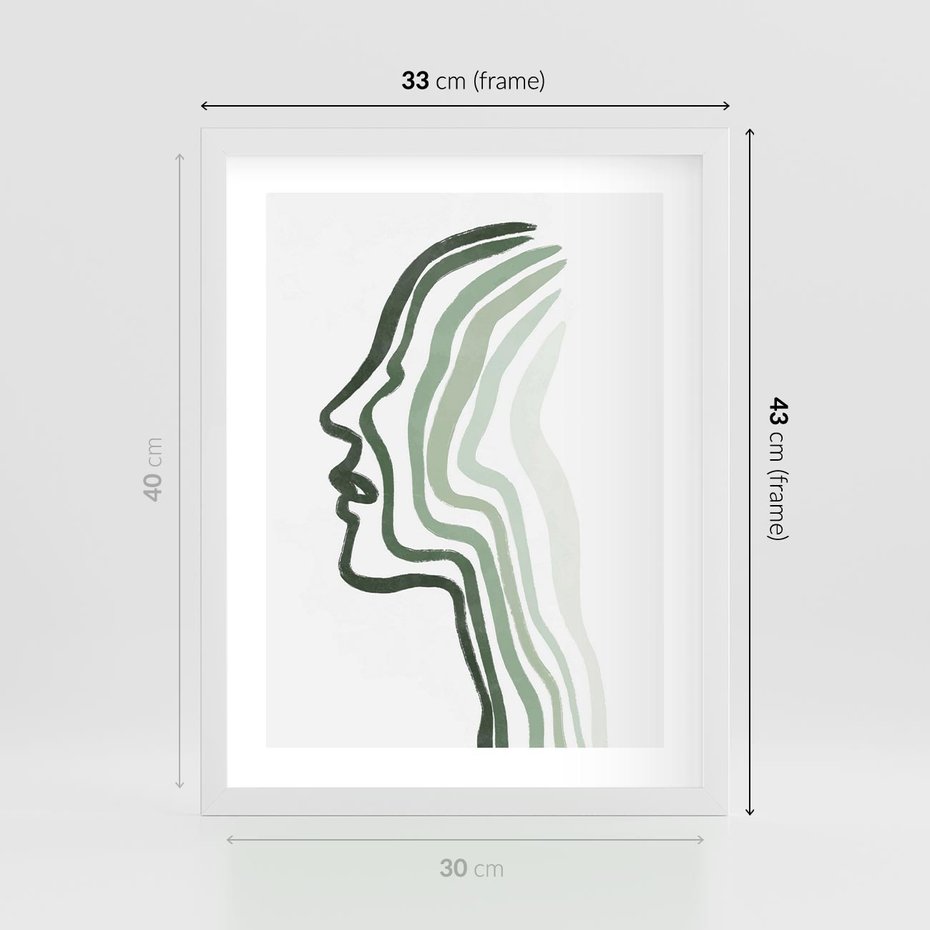 Plakat w ramie 30x40 - Zielony Profil - abstrakcja, zielony portret z profilu - rama biała