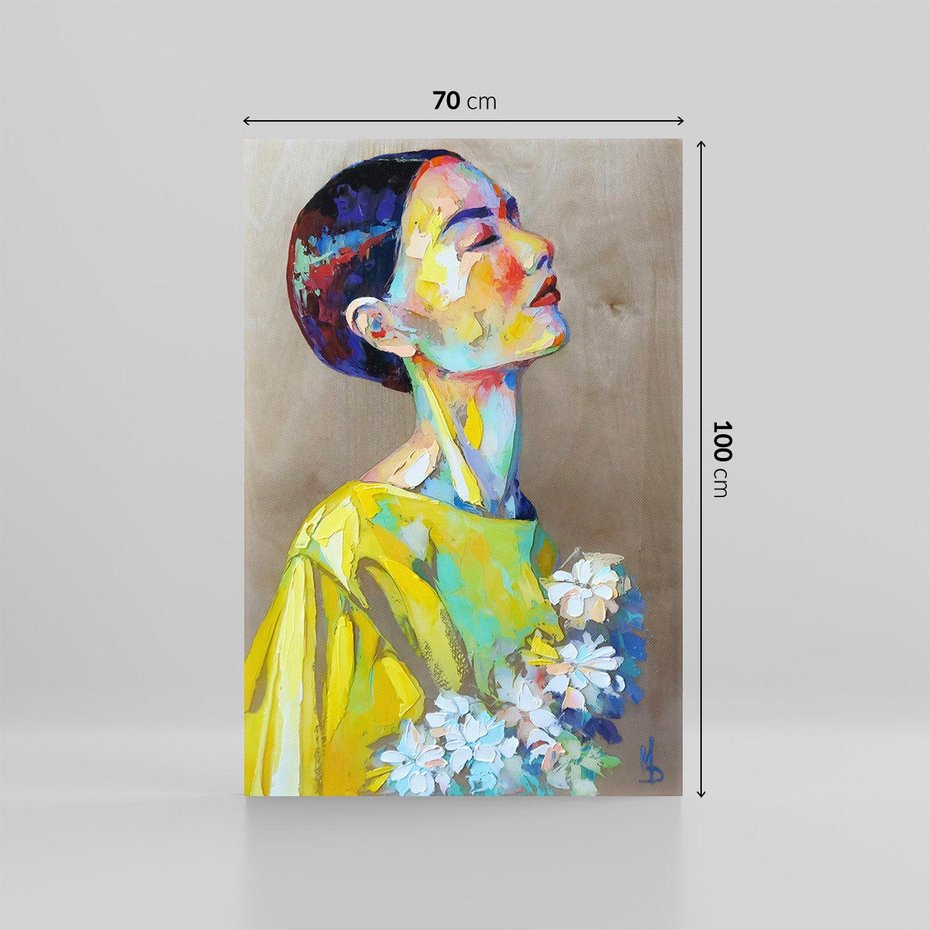 Obraz na płótnie 70x100 - W Żółtej Sukience - olejny abstrakcyjny obraz, portret kobiety w żółtej sukience