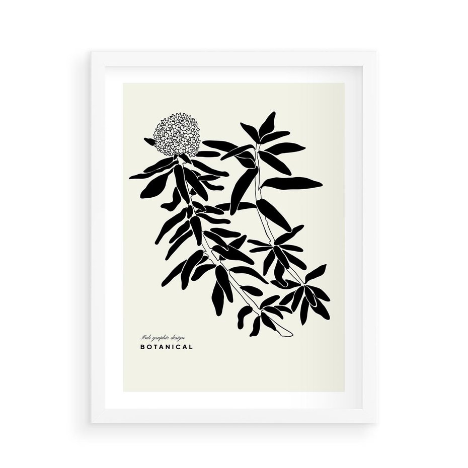 Plakat w ramie 50x70 - Szept kwiatowej wyobraźni - czarno biała grafika, roślinność - rama biała