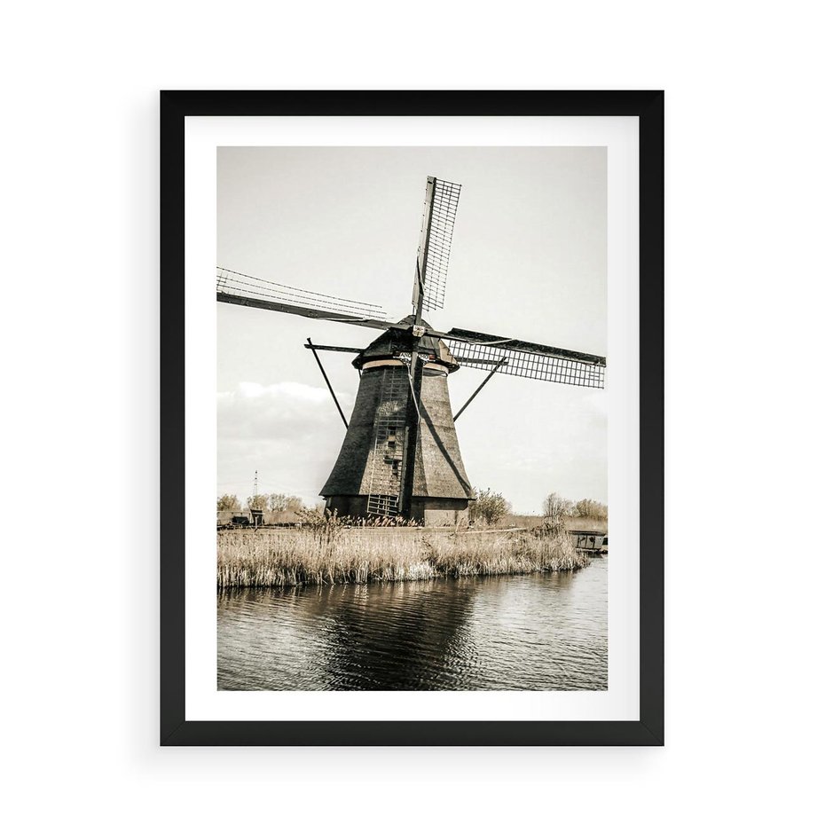 Plakat w ramie 50x70 - Holenderski Wiatrak w Sepii - holenderski wiatrak, młyn - rama czarna