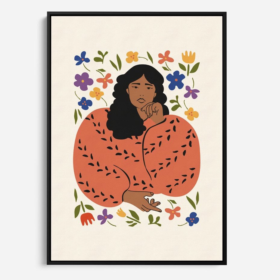 Obraz w ramie 70x100 - Rozplątane Emocje - nowoczesny plakat, kobieta otoczona kwiatami - rama czarna