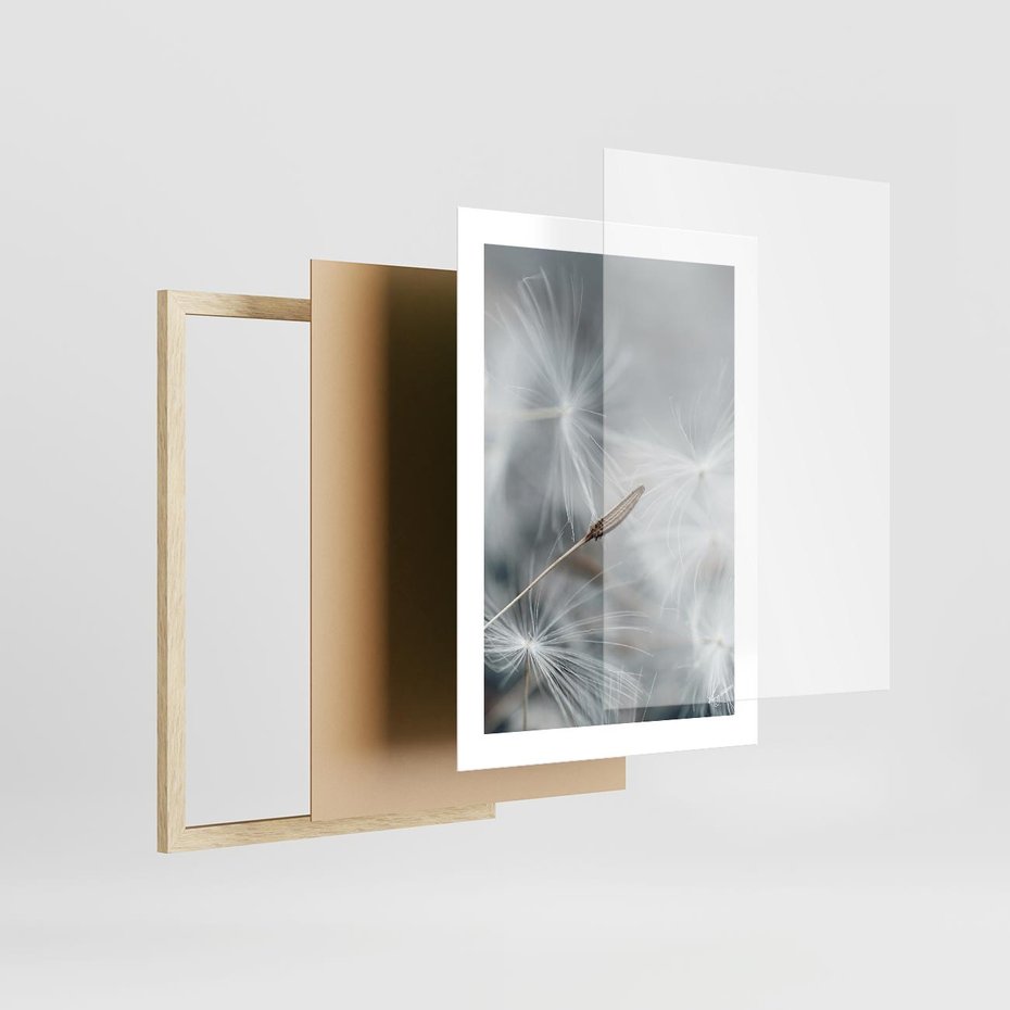 Plakat w ramie 30x40 - Piękno w Delikatności - dmuchawiec, makro zdjęcie - rama drewno