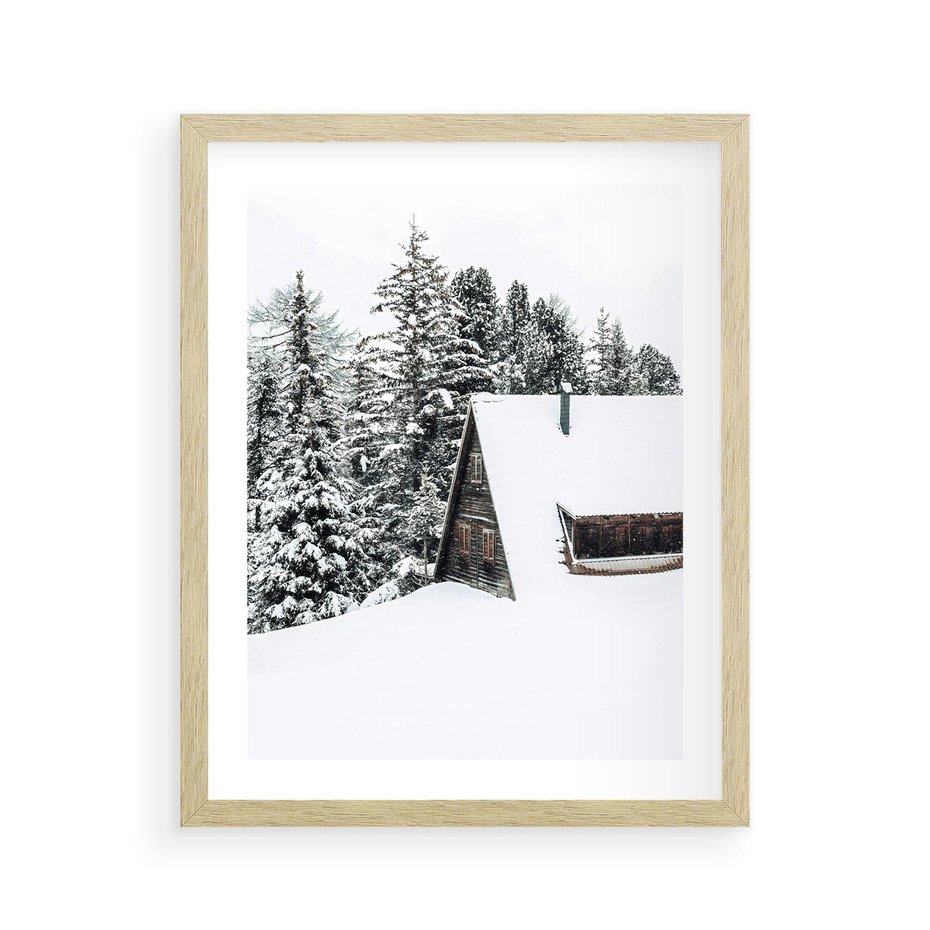 Plakat w ramie 40x50 - Zimowy Urok - śnieg, domek w górach - rama drewno