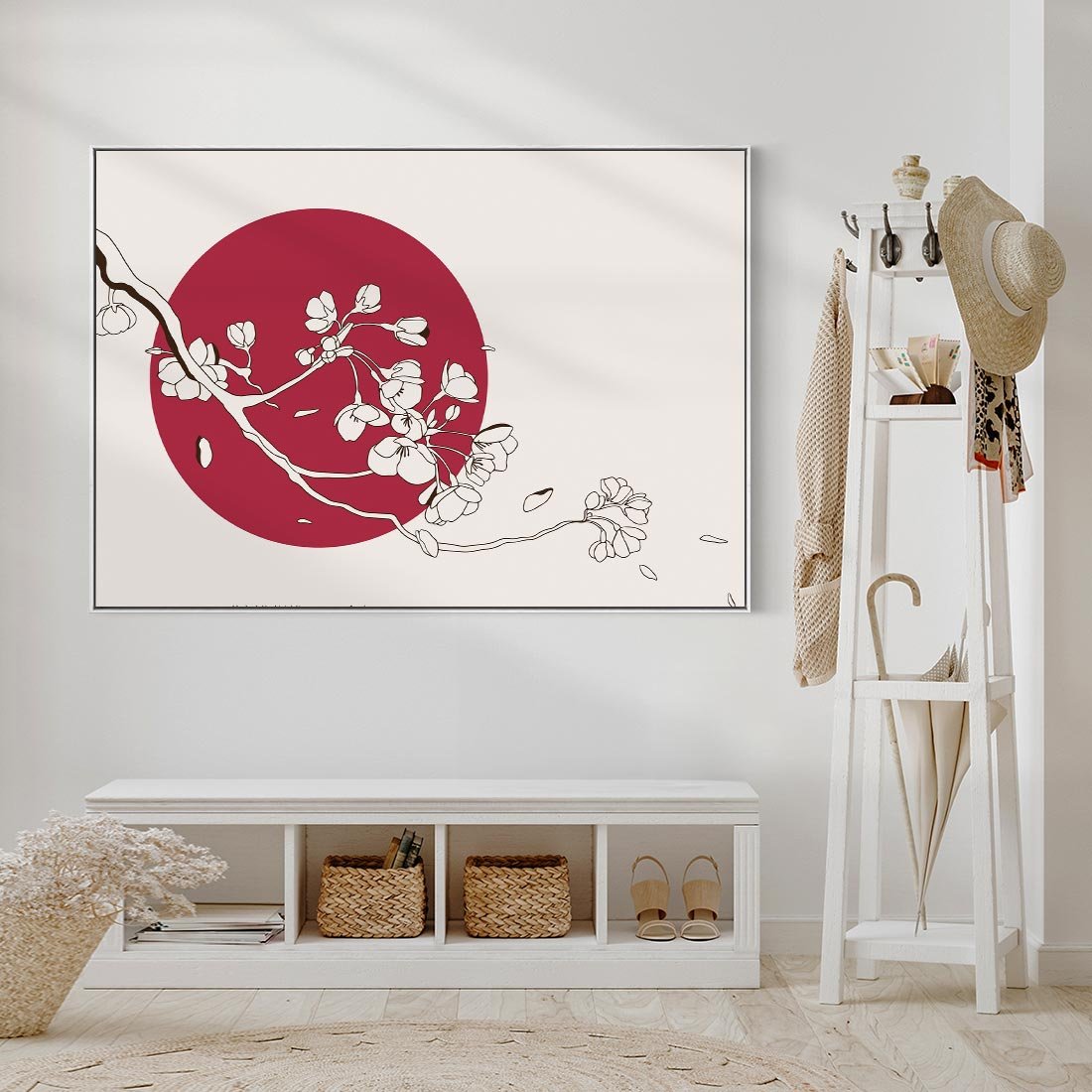 Obraz w ramie 70x50 - Esencja Zen - kwiatnąca wiśnia, orientalna grafika - rama biała