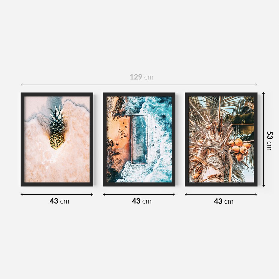 Zestaw obrazy w ramie 40x50 galeria - Plaża, morze, ananas, kokosy, palmy - rama czarna