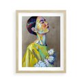 Plakat w ramie 40x50 - W Żółtej Sukience - olejny abstrakcyjny obraz, portret kobiety w żółtej sukience - rama drewno
