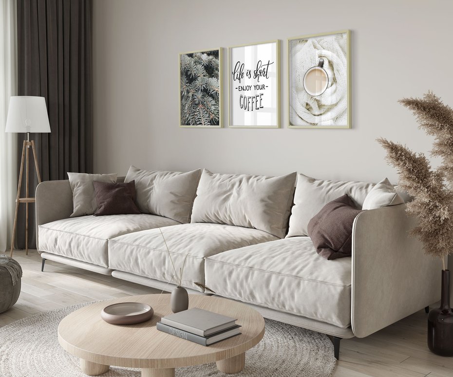 Zestaw obrazy w ramie 40x50 galeria - Kawa, zima, koc - rama drewno