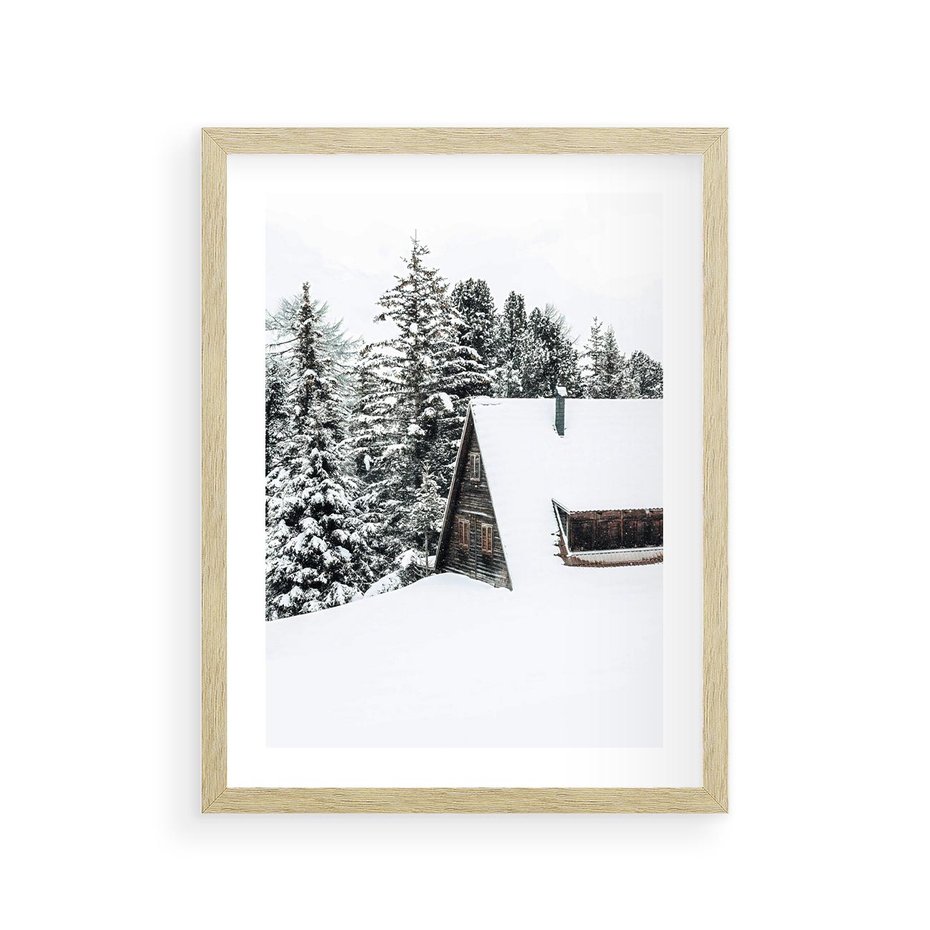 Plakat w ramie 30x40 - Zimowy Urok - śnieg, domek w górach - rama drewno