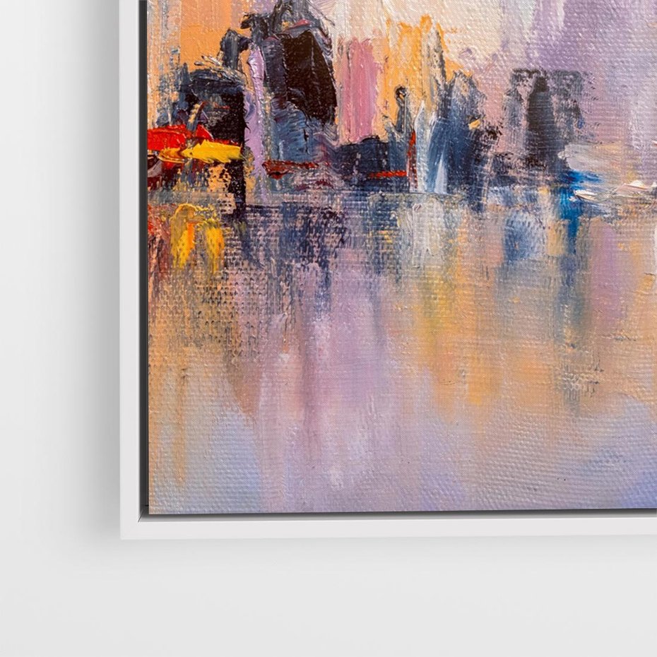 Obraz w ramie 80x80 - Miasto Refleksji - olejna panorama miasta w oddali, wiezowce odbijają się w rzece - rama biała