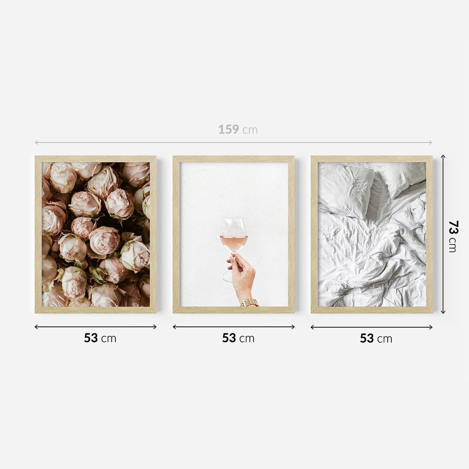 Zestaw obrazy w ramie 50x70 galeria - Kwiaty, wino, pościel, kobiece - rama drewno