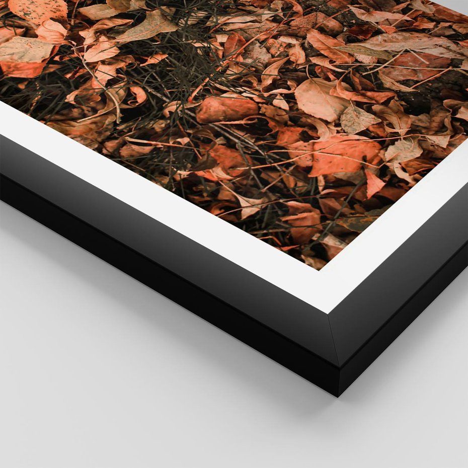 Plakat w ramie 30x40 - Jesienny Splot: Pomarańczowe Liście - liście, pomarańczowe suche liście - rama czarna