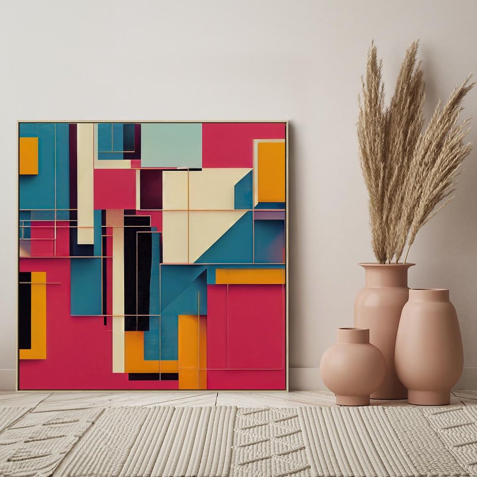 Obraz w ramie 80x80 - Przejście przez labirynt myśli - kolorowa abstrakcja, instalacja z prostokątów i lini - rama drewno