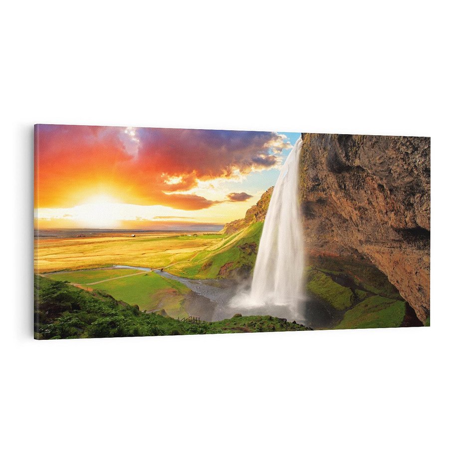 Obraz na płótnie 120x60 - Zachód słońca nad islandzkim wodospadem - Islandia, wodospad