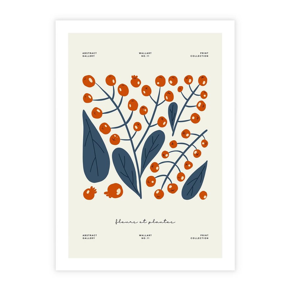 Plakat bez ramy 30x40 - Minimalistyczna Uroda Jarzębin - jarzębiny, niebieskie liście