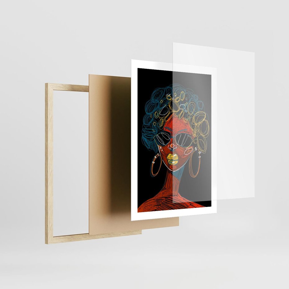 Plakat w ramie 50x70 - Kolorowe Wibracje Rzeczywistości - abstrakcyjny portret kobiety, twarz - rama drewno