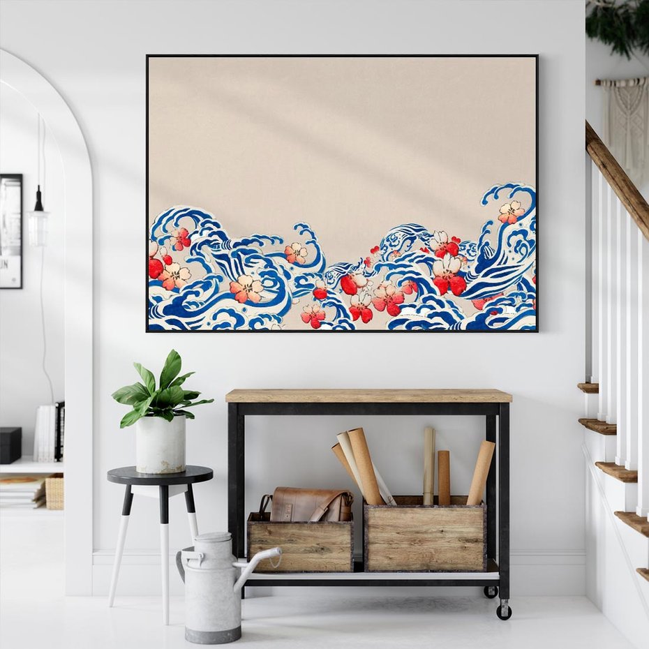 Obraz w ramie 70x50 - Japońska Harmonia: Falujące Kwiaty - japonia, orientalne kwiaty wiśni - rama czarna