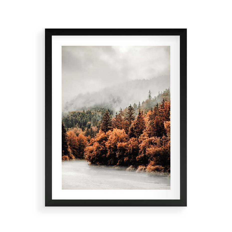 Plakat w ramie 40x50 - Jesienna Mgła - las, góry - rama czarna