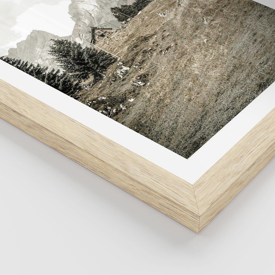 Plakat w ramie 40x50 - Krajobraz Sepii: Domek w Górach - domek w górach, góry - rama drewno