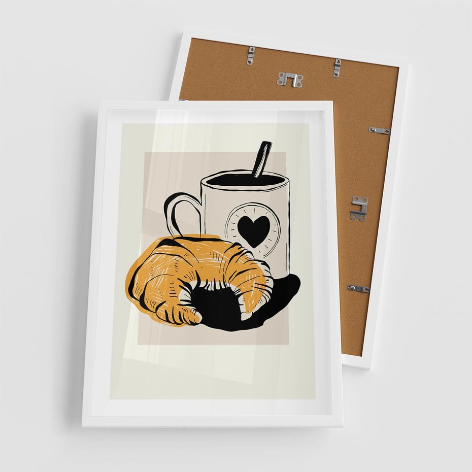 Plakat w ramie 50x70 - Śniadanie z Croissantem - grafika, croisant - rama biała