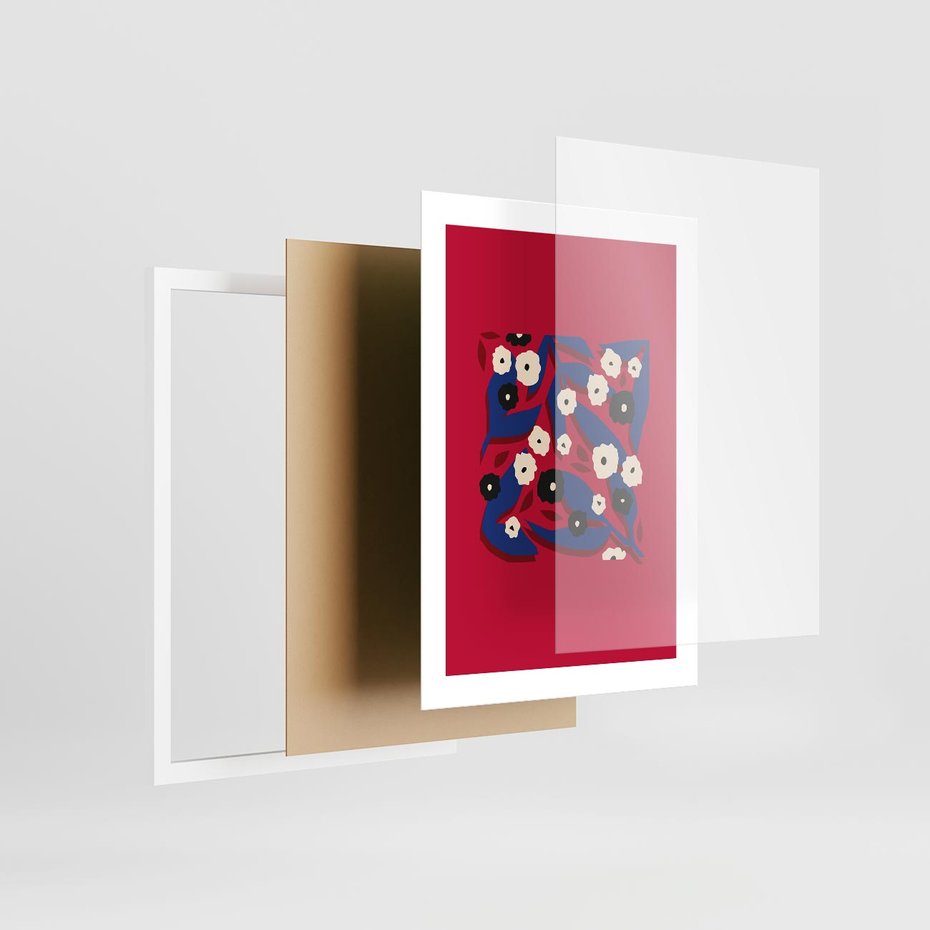 Plakat w ramie 30x40 - Kolorowe Przenikanie - abstrakcyjna kwiatowa kompozycja, czerwone mocne tło - rama biała