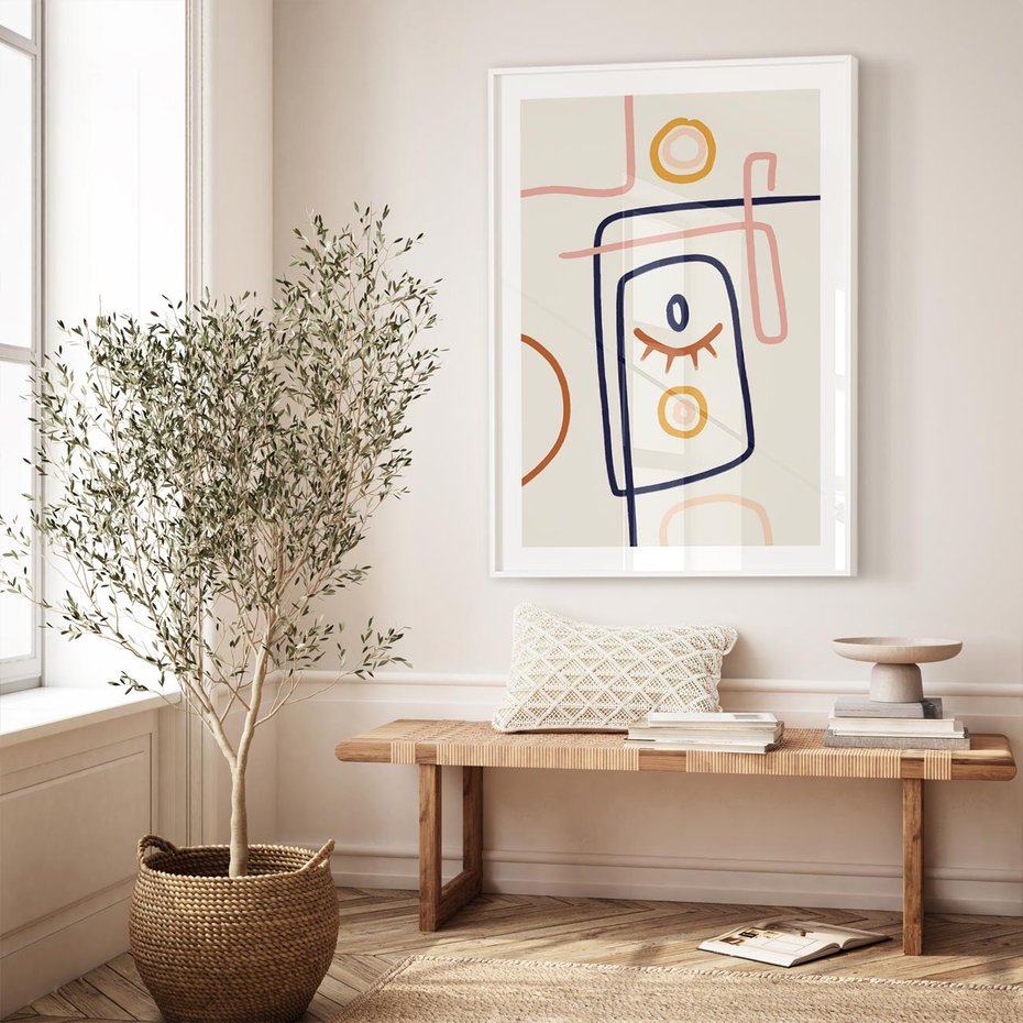 Plakat w ramie 40x50 - Manifestacje Dziwności - abstrakcja w stylu picasso, beżowe tło - rama biała