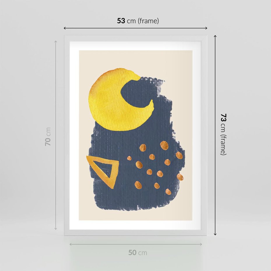 Plakat w ramie 50x70 - Migocące Nocne Barwy - abstrakcyjna akwarelowa plama, granatowa - rama biała