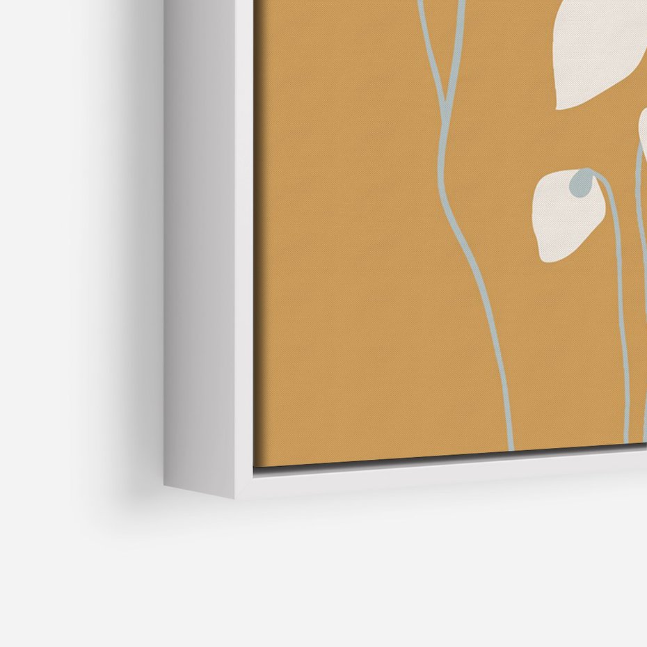 Obraz w ramie 50x70 - Kwiatowy Spektakl - minimalistyczne kwiaty, na pomarańczowym tle - rama biała