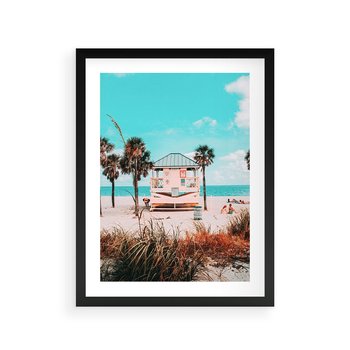 Plakat w ramie 30x40 - Plaża, Palmy i Spokój Miami - budka ratownika, plaża Miami - rama czarna
