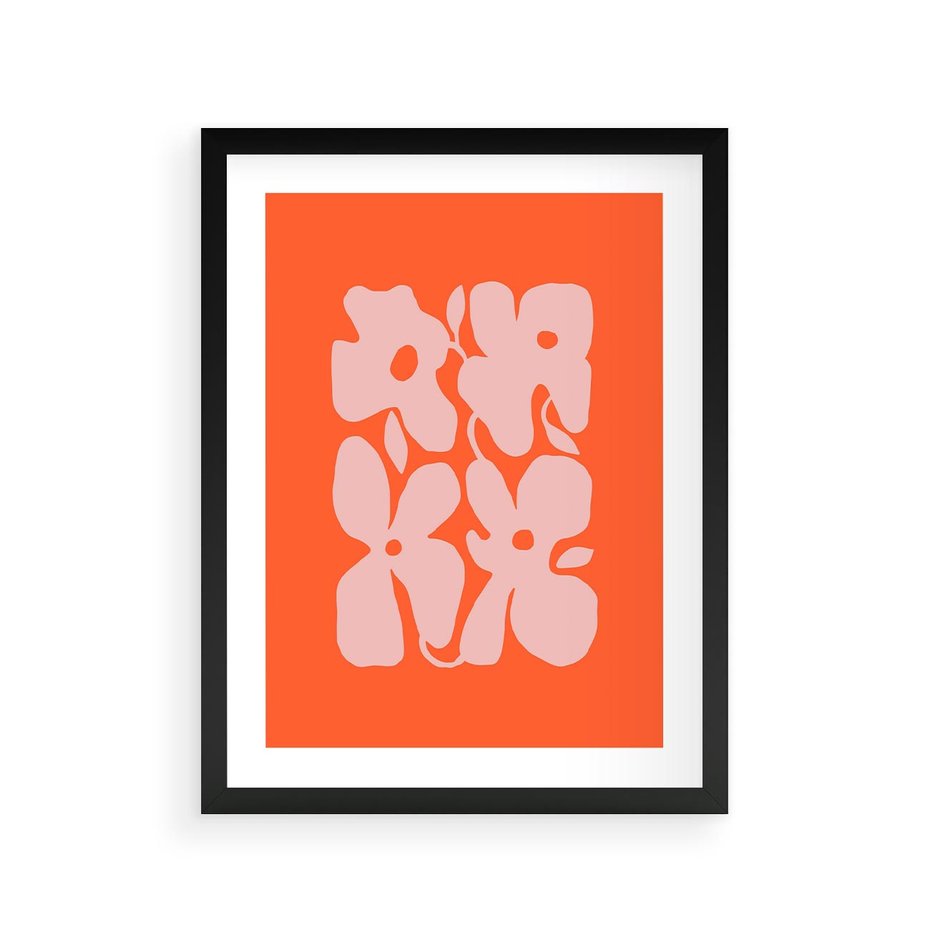 Plakat w ramie 30x40 - Taniec Abstrakcji - kwiaty, energetyczne pomarańczowe tłó - rama czarna