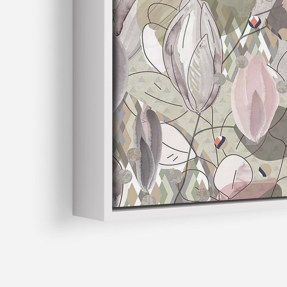 Obraz w ramie 80x120 - Pejzaże zatajonej duszy - połączenie tekstur, roślinne motywy - rama biała