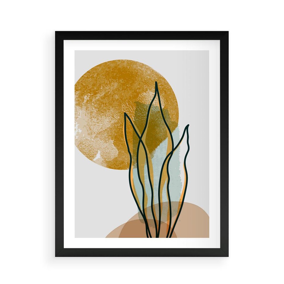 Plakat w ramie 50x70 - Światło Natury: Graficzne Liście i Złote Słońce - grafika, graficzne liście - rama czarna