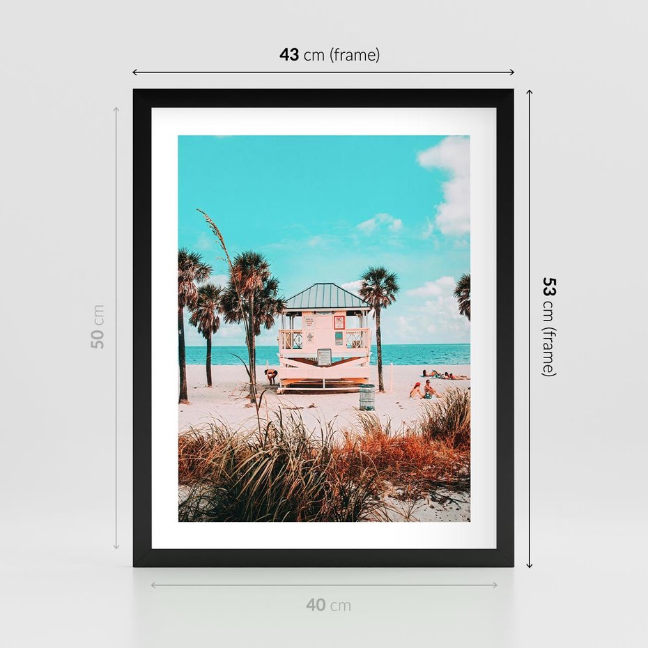 Plakat w ramie 40x50 - Plaża, Palmy i Spokój Miami - budka ratownika, plaża Miami - rama czarna
