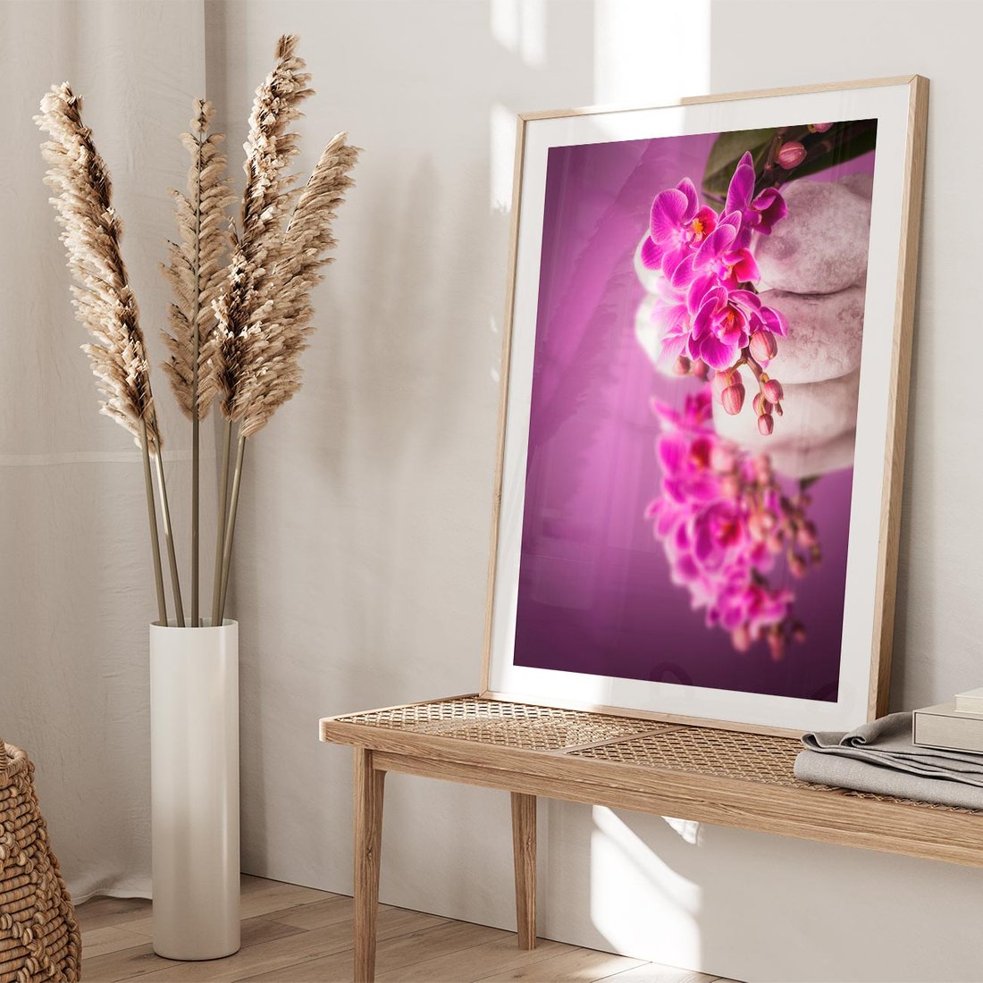 Plakat w ramie 50x70 - Relaksująca orchidea w spa - spa, orchidea - rama drewno