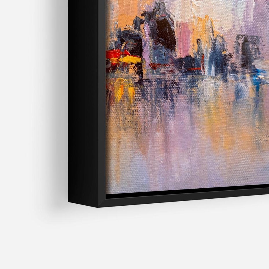 Obraz w ramie 50x50 - Miasto Refleksji - olejna panorama miasta w oddali, wiezowce odbijają się w rzece - rama czarna