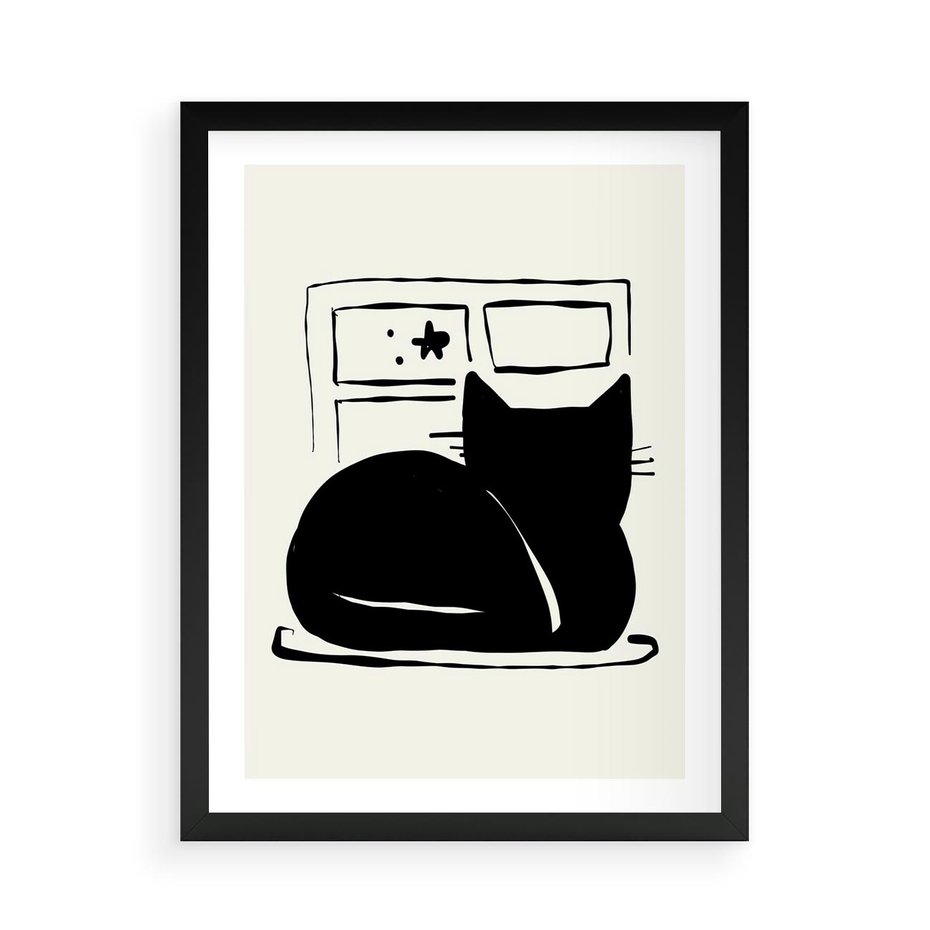 Plakat w ramie 50x70 - Czarny Kot: Prosta Elegancja - grafika, minimalizm - rama czarna