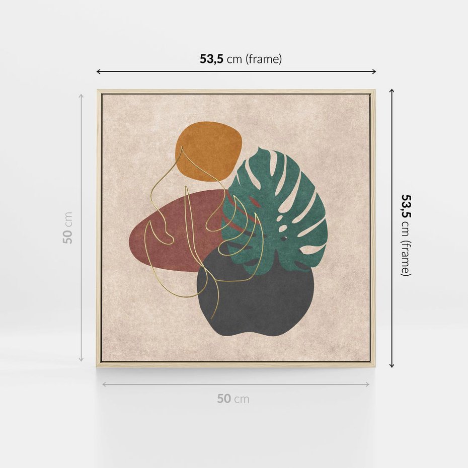 Obraz w ramie 50x50 - Akwarelowa Magia Liści - grafika, styl mid century - rama drewno