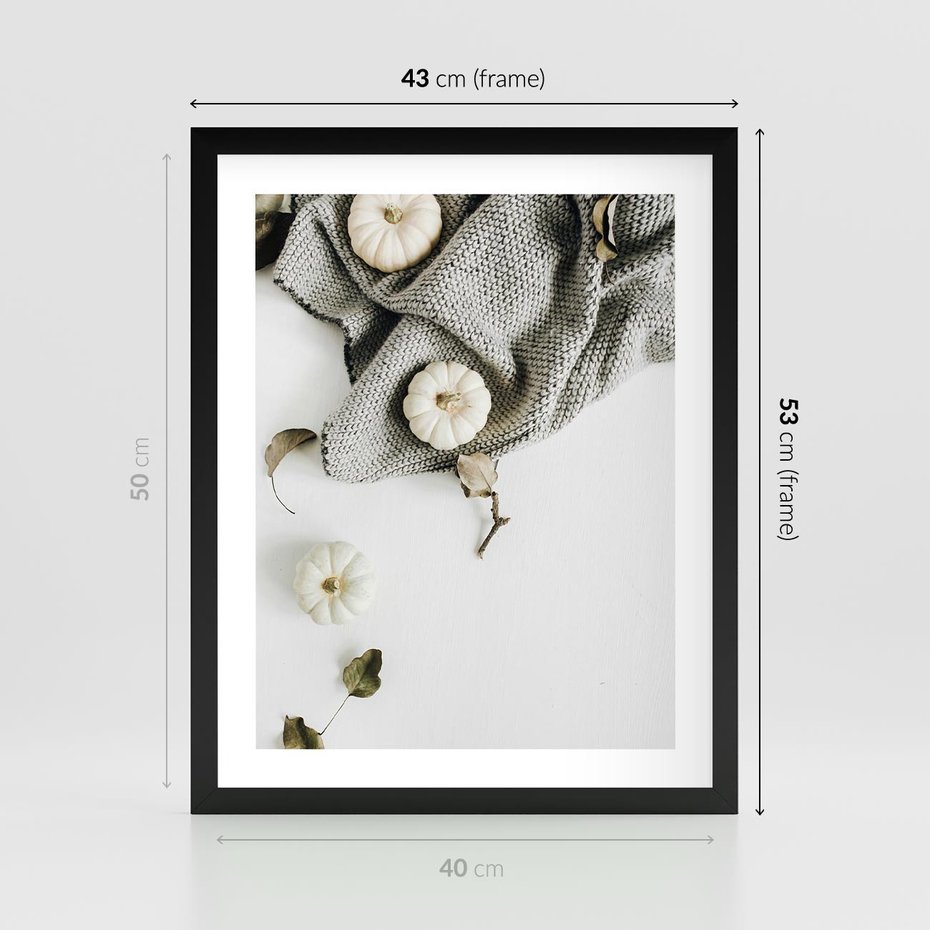 Plakat w ramie 40x50 - Białe Dynie i Przytulny Koc - kompozycja jesienna, białe dynie - rama czarna