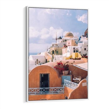 Obraz w ramie 70x100 - Błękit Morza i Białe Domki - Santorini, wyspa - rama biała