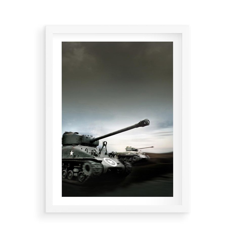 Plakat w ramie 50x70 - Siła i determinacja: czołgi wojenne - czołgi, wojna - rama biała