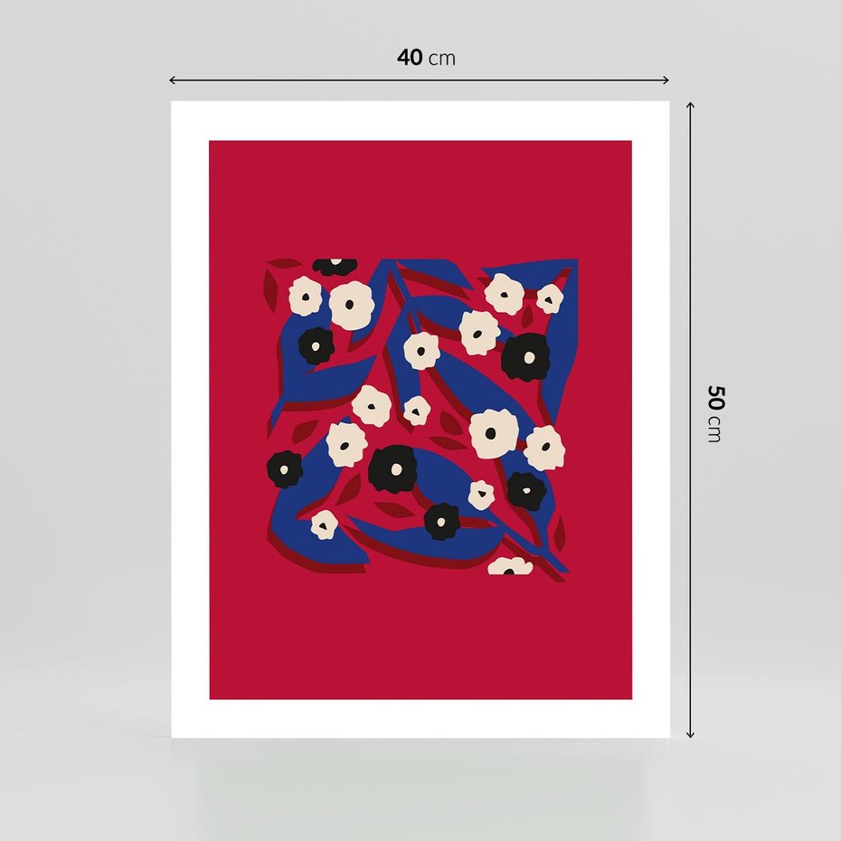 Plakat bez ramy 40x50 - Kolorowe Przenikanie - abstrakcyjna kwiatowa kompozycja, czerwone mocne tło