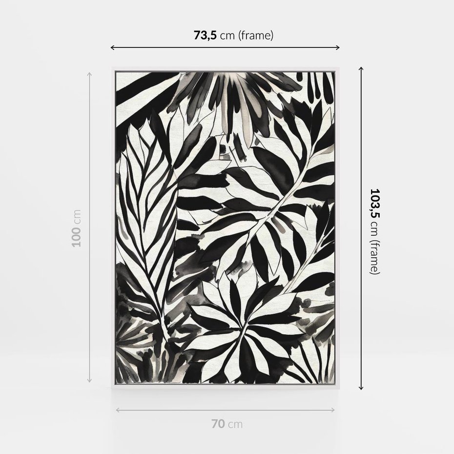 Obraz w ramie 70x100 - Czarne Liście - akwarelowy obraz, czarno biały - rama biała