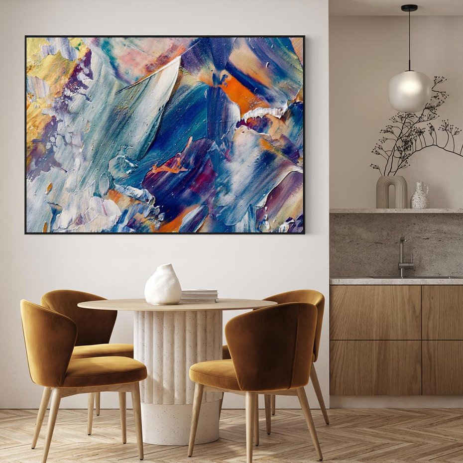 Obraz w ramie 100x70 - Rytmy ukrytych pragnień - chaos i abstrakcja, plamy koloru - rama czarna