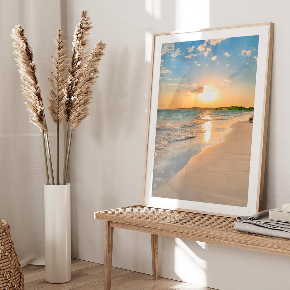 Plakat w ramie 30x40 - Zachód słońca na plaży - plaża, zachód - rama drewno