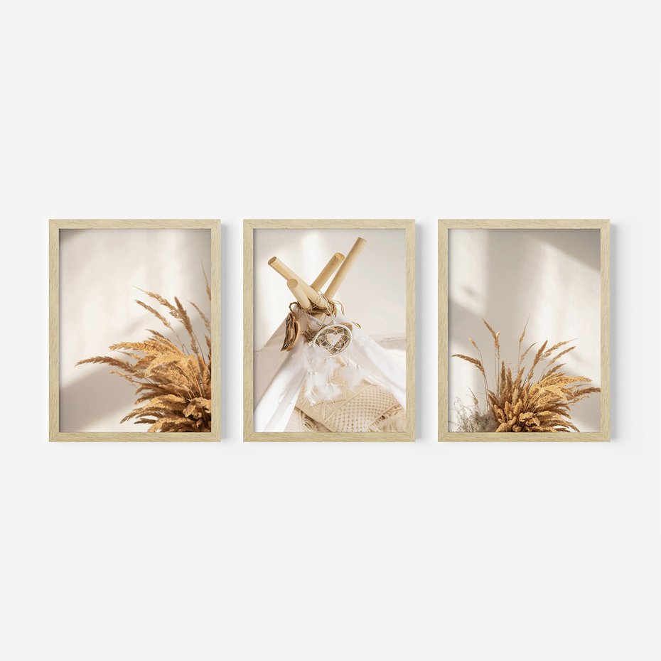 Zestaw obrazy w ramie 30x40 galeria - Boho, pampas, łapacz, snów - rama drewno